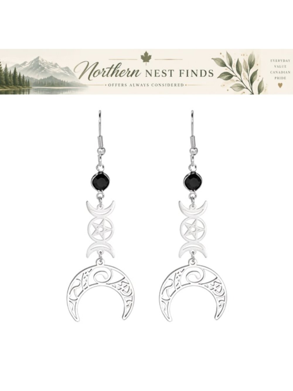 Stainless Steel Crescent Goddess Witches Knot Triple Moon Gothic Drop Earrings